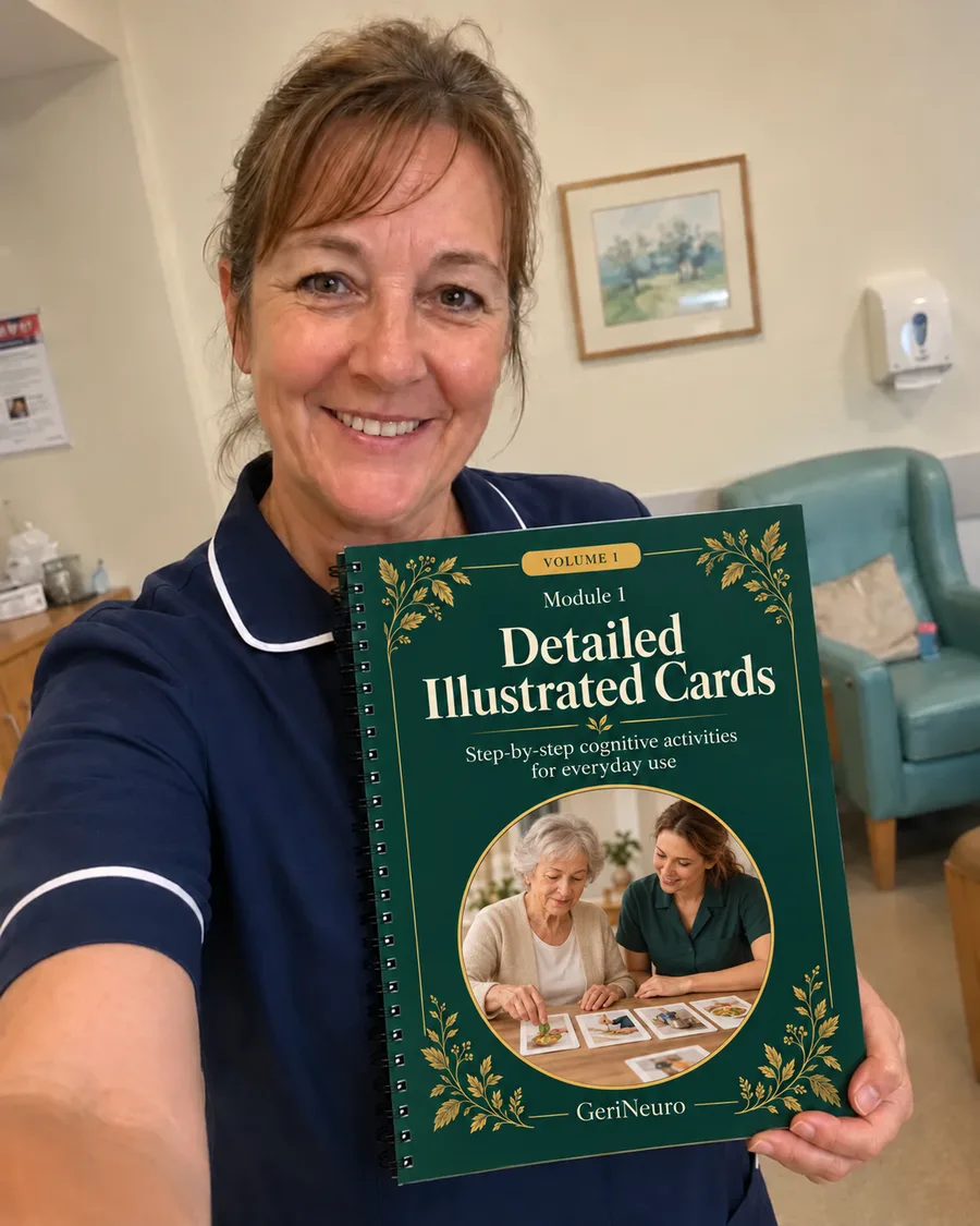 Senior caregiver with the printed GeriNeuro material