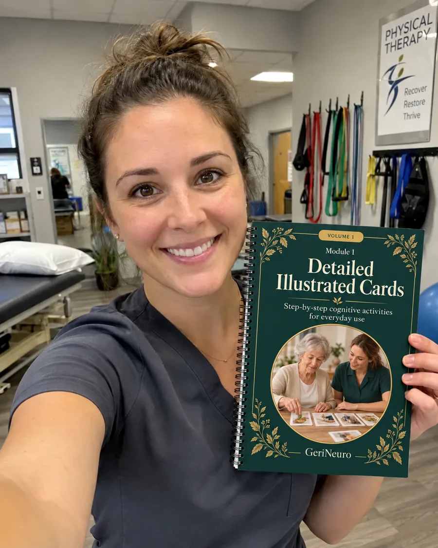 Physical therapist with the printed GeriNeuro material