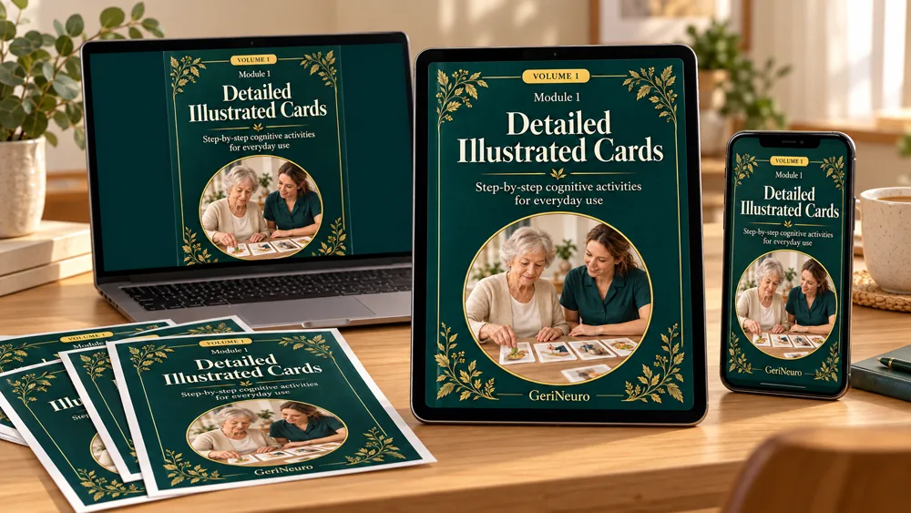 GeriNeuro cognitive activity cards shown on laptop, tablet, phone and printed sheets