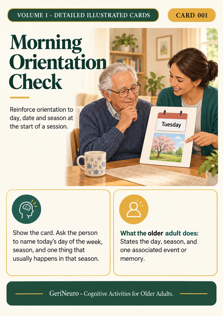 GeriNeuro inside page β Card 001: Morning Orientation Check