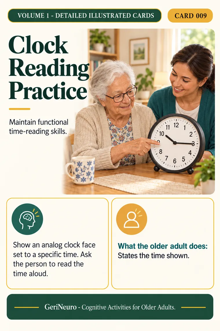 GeriNeuro inside page β Card 009: Clock Reading Practice